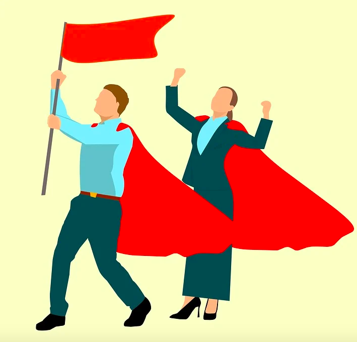 two people with red capes holding a red flag cartoon